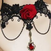 Red Rose Retro Palace Choker Black Lace Female Gothic Necklace